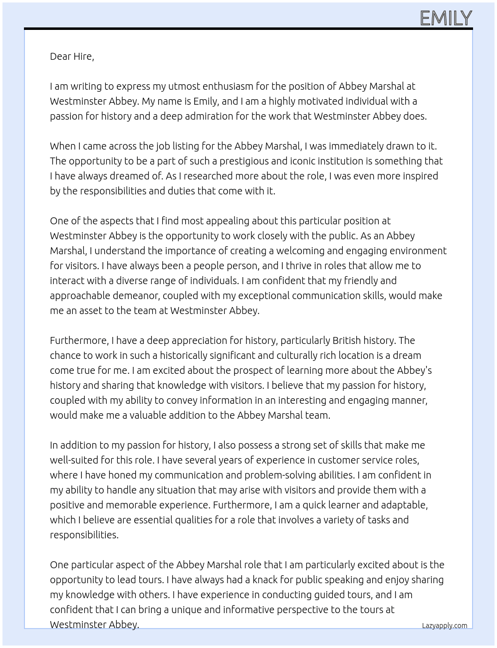 Abbey Marshal At Westminster Abbey Cover Letter
