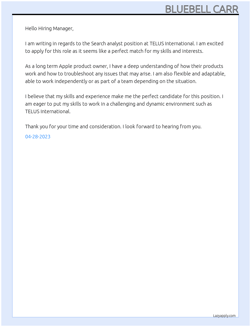 Search analyst At TELUS International Cover Letter