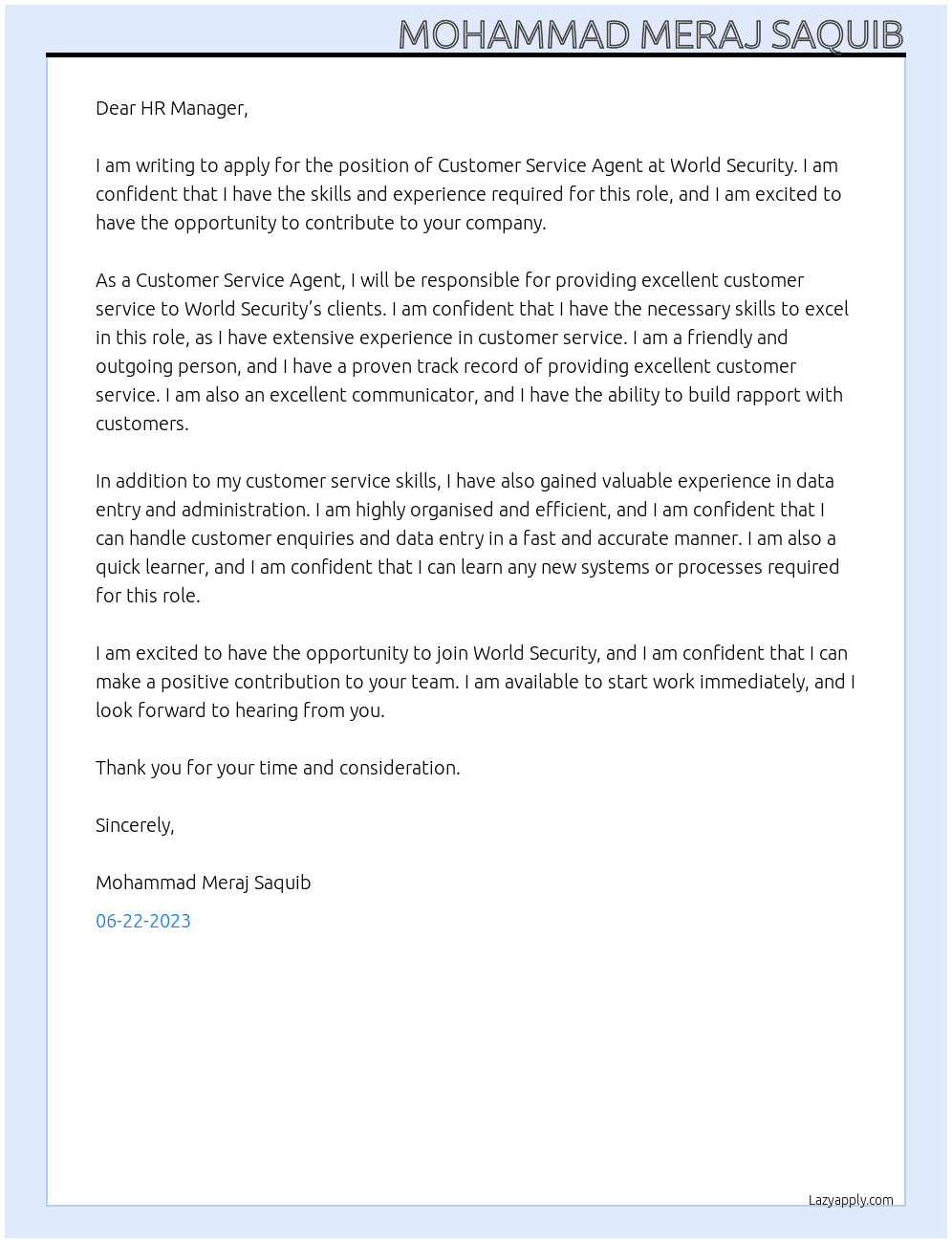 Customer Service Agent At World Security Cover Letter