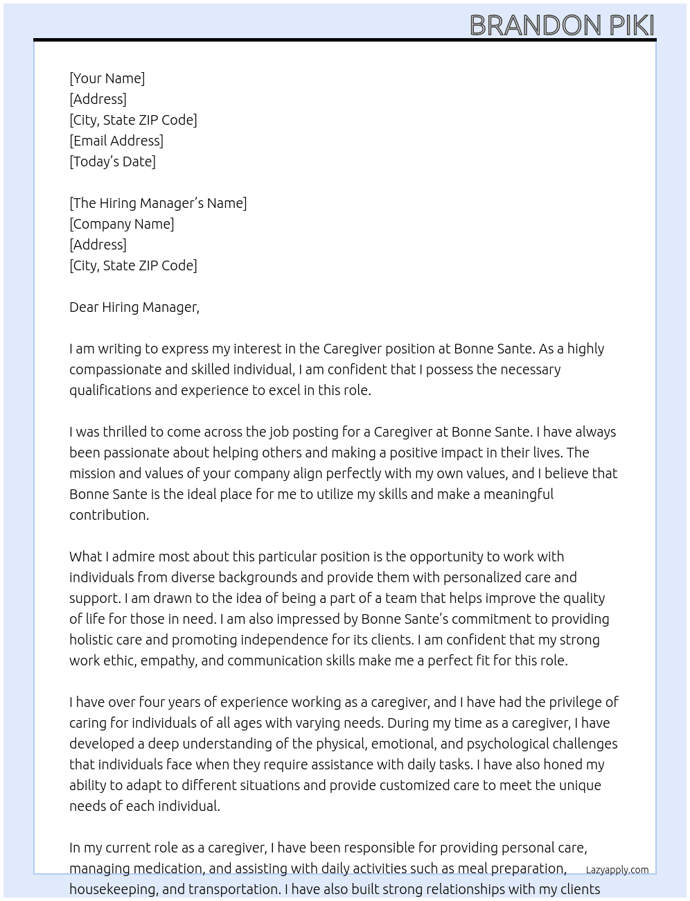 Caregiver At Bonne Sante Cover Letter