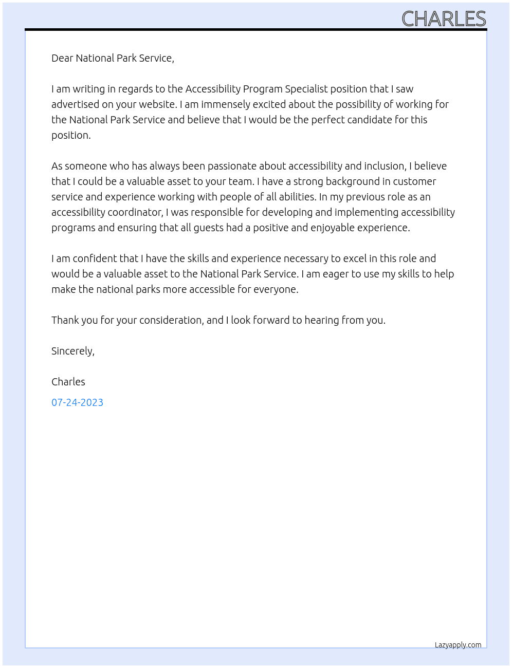 Accessibility Program Specialist At National Park Service Cover Letter