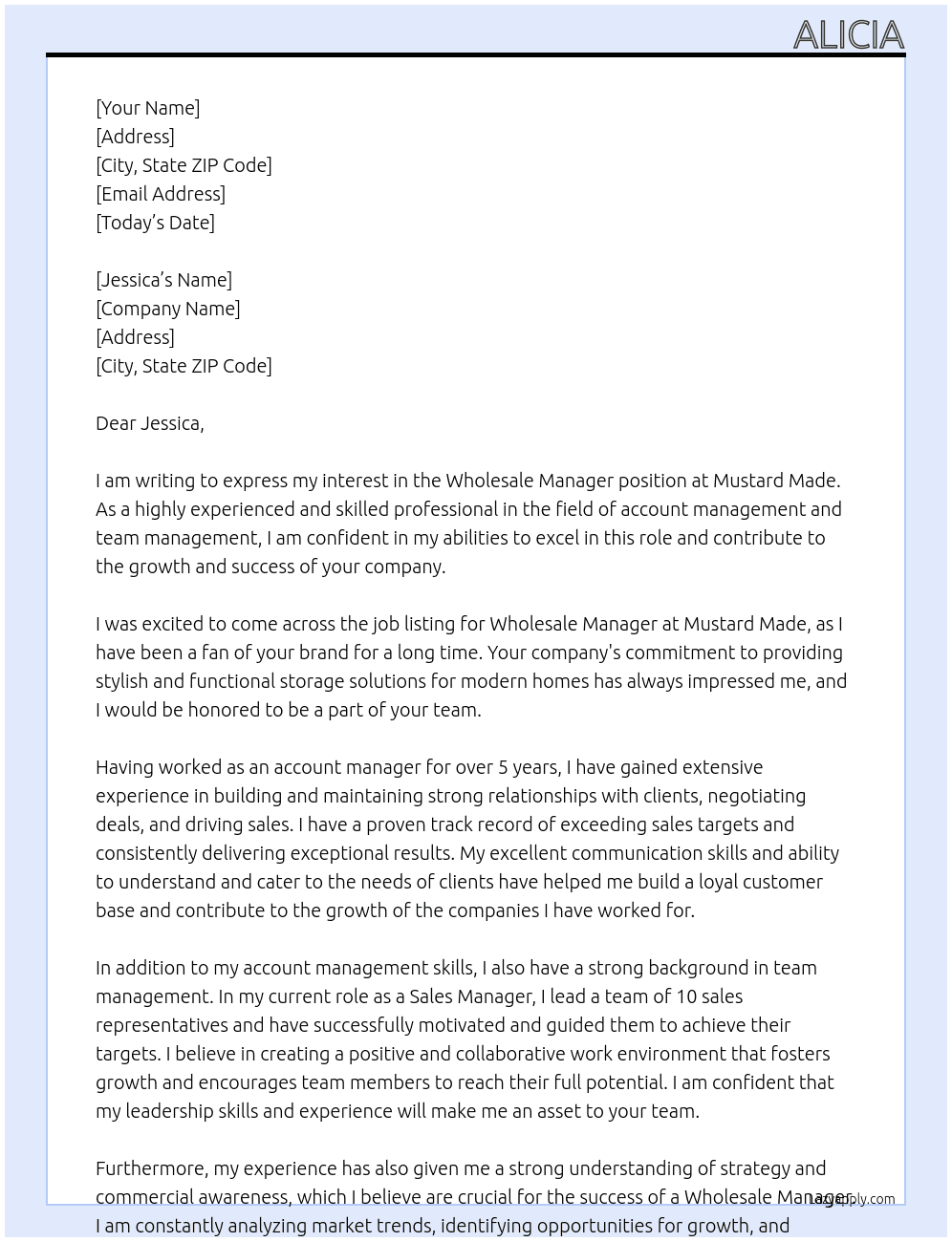 Wholesale Manager At Mustard Made Cover Letter