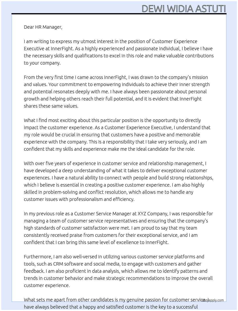 Customer Experience Executive At  InnerFight Cover Letter