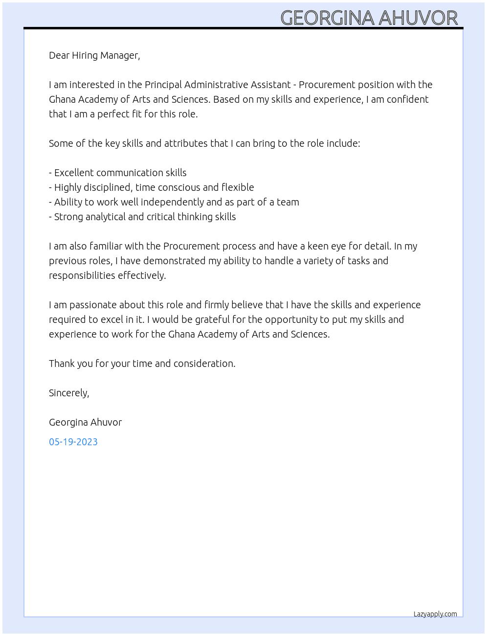 Principal Administrative Assistant - Procurement  At Ghana Academy of Arts and Sciences  Cover Letter