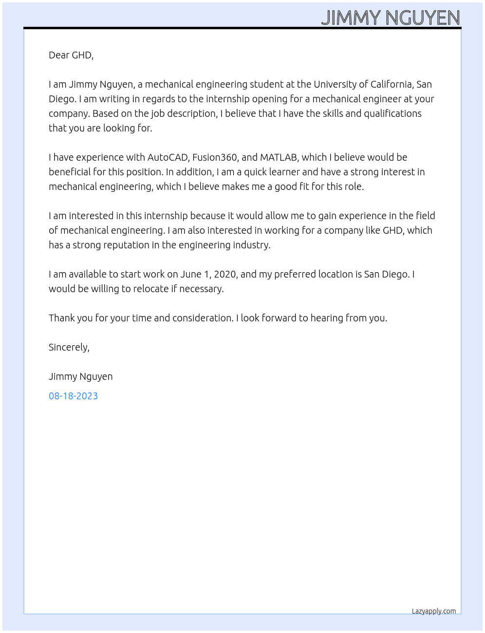 Mechanical Engineer At GHD Cover Letter