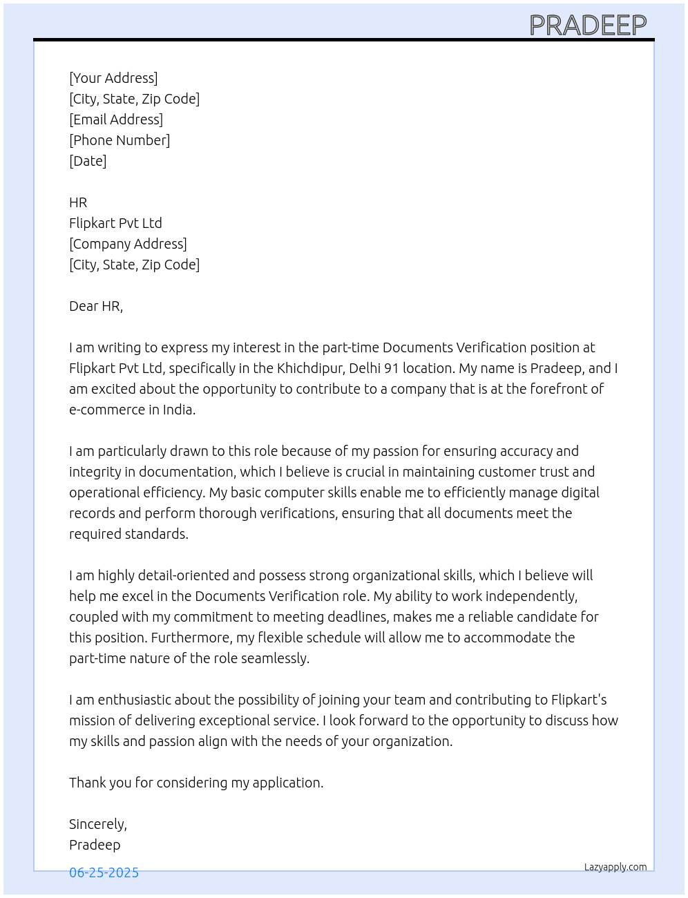 Cover letter for documents varification - LazyApply