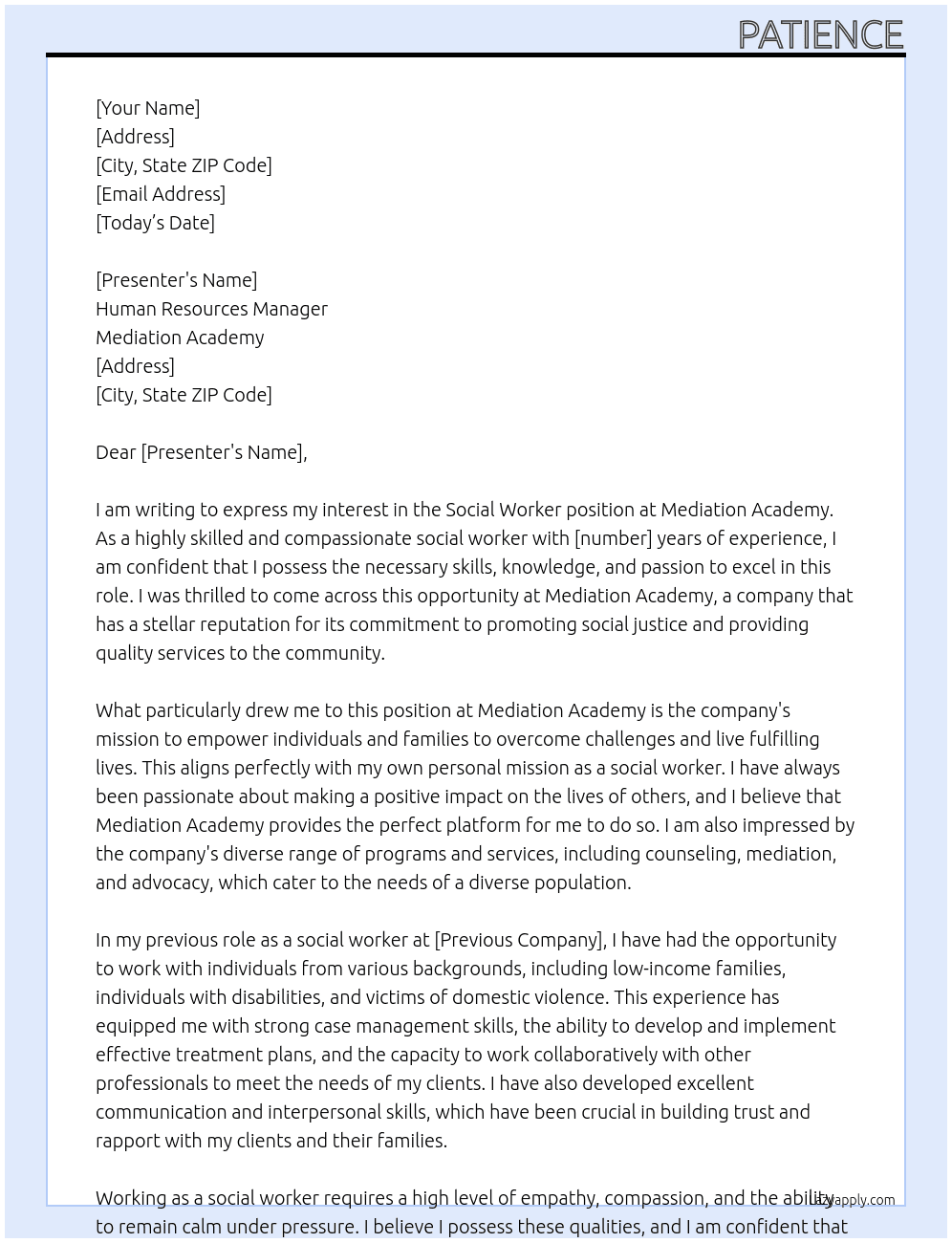Social Worker At Mediation Academy Cover Letter