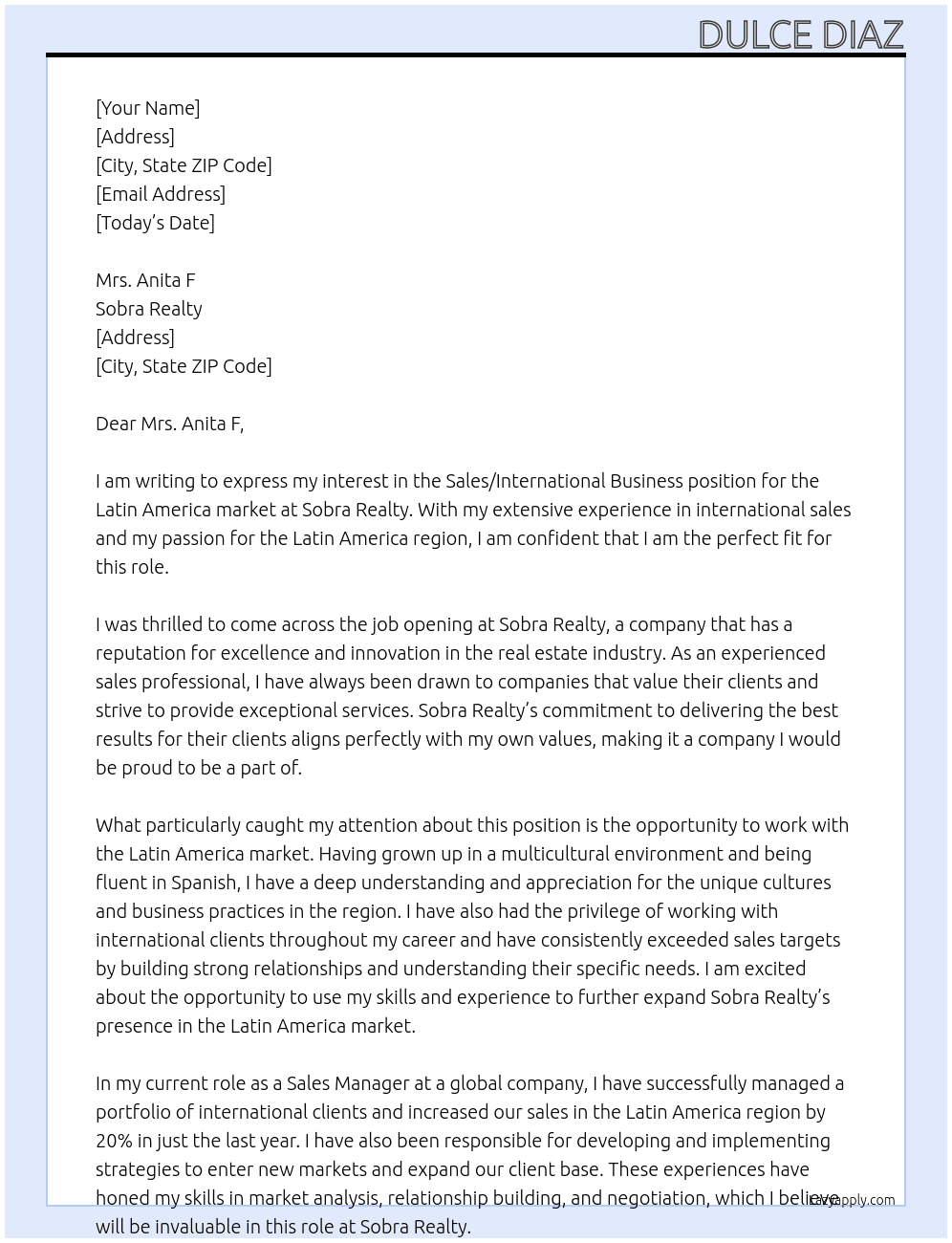Sales/International Business Latin America market At Sobra Realty Cover Letter