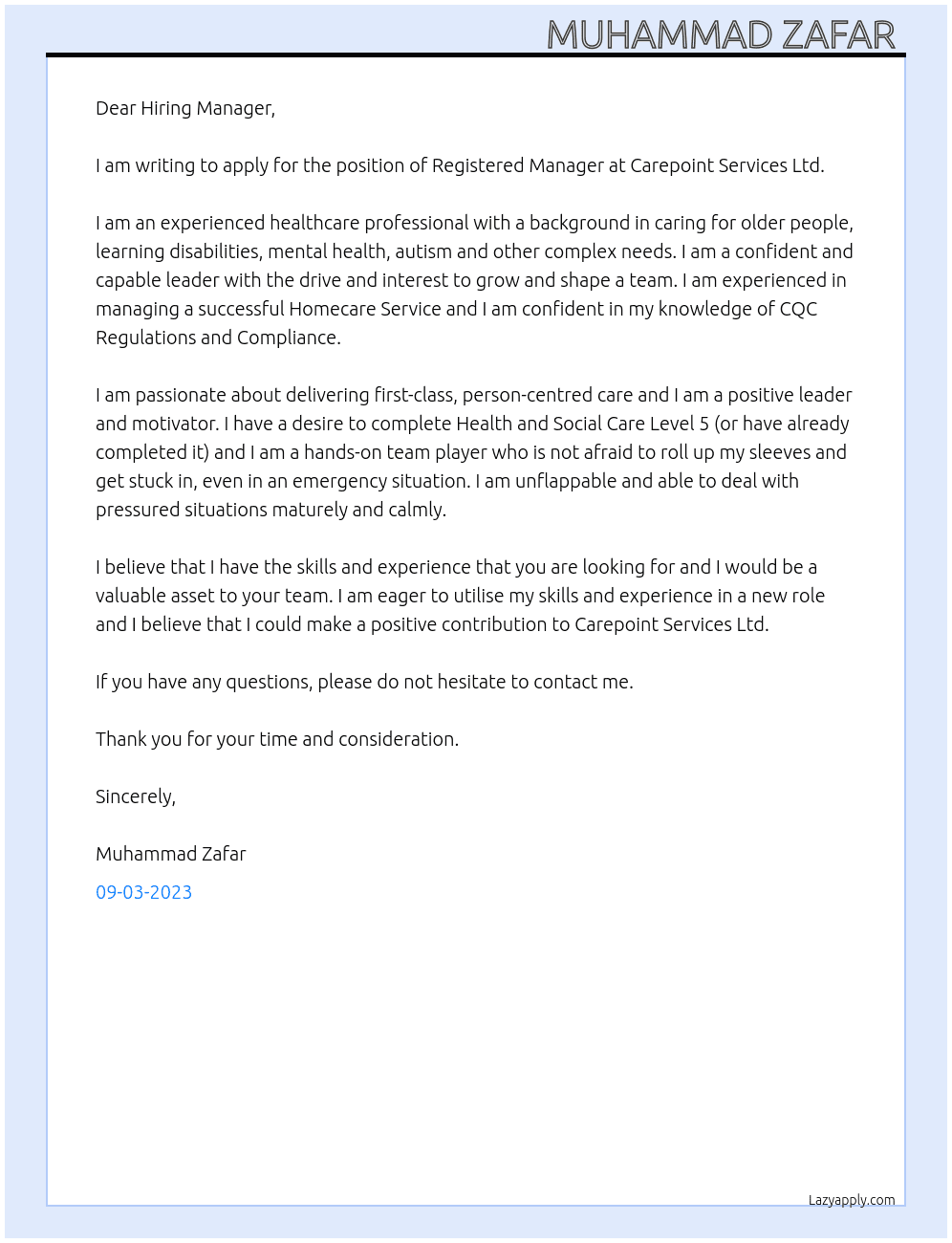 Registered Manager  At Carepoint Services Ltd  Cover Letter