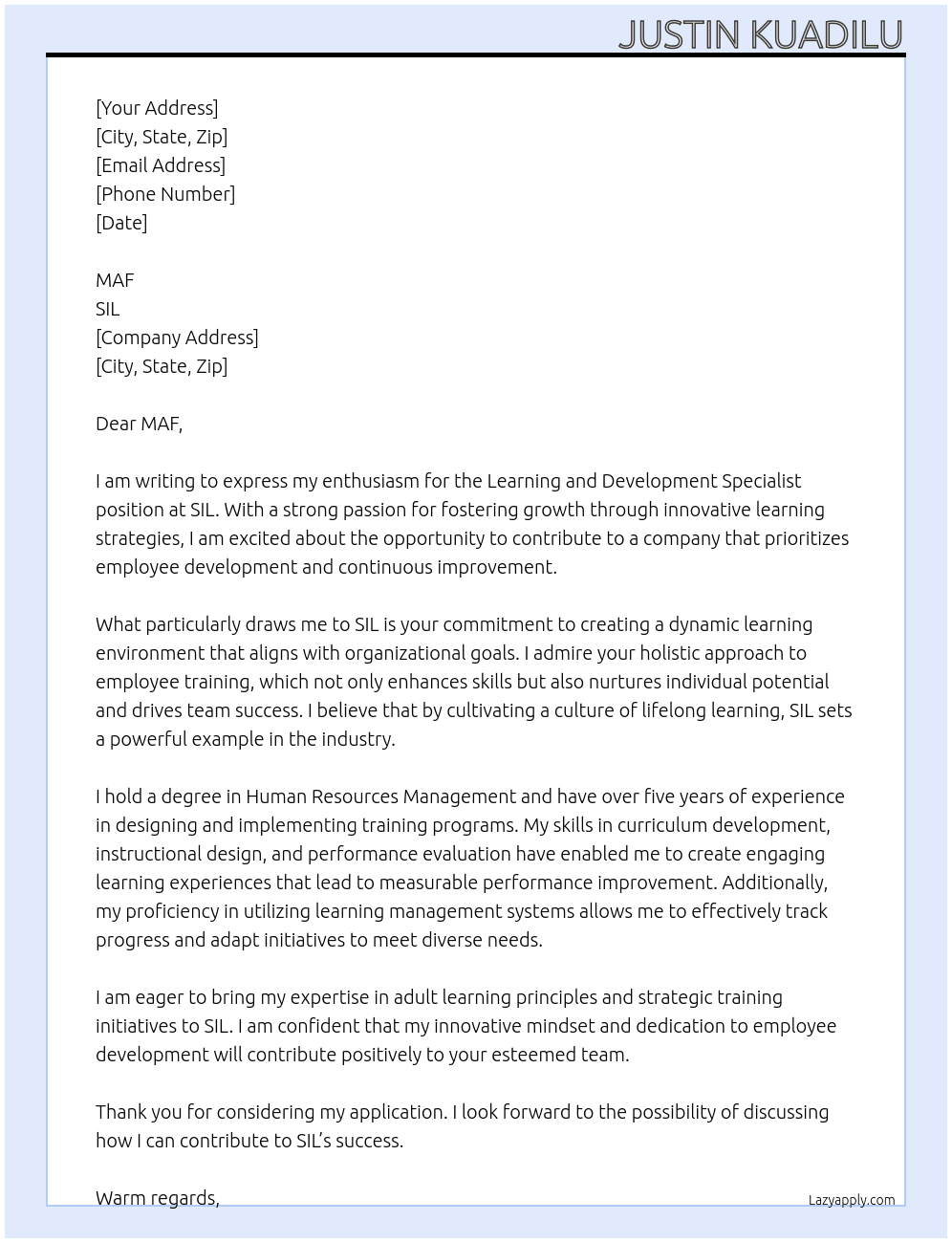 Learning and Development Specialist At SIL Cover Letter