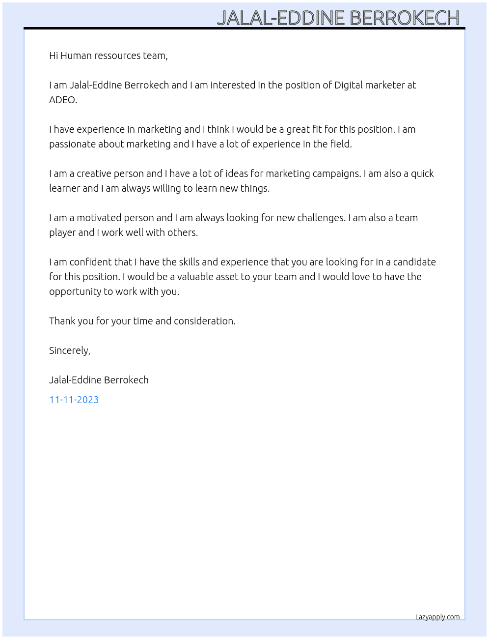 Digital marketer At ADEO Cover Letter