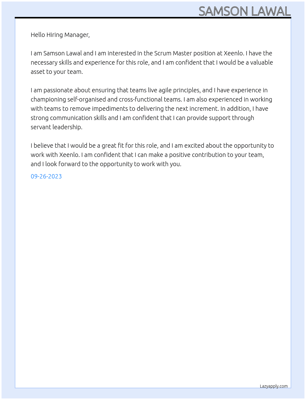 scrum master At Xeenlo Cover Letter