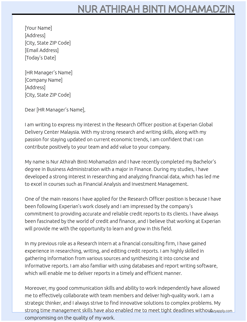 Research Officer At Experian Global Delivery Center Malaysia Cover Letter