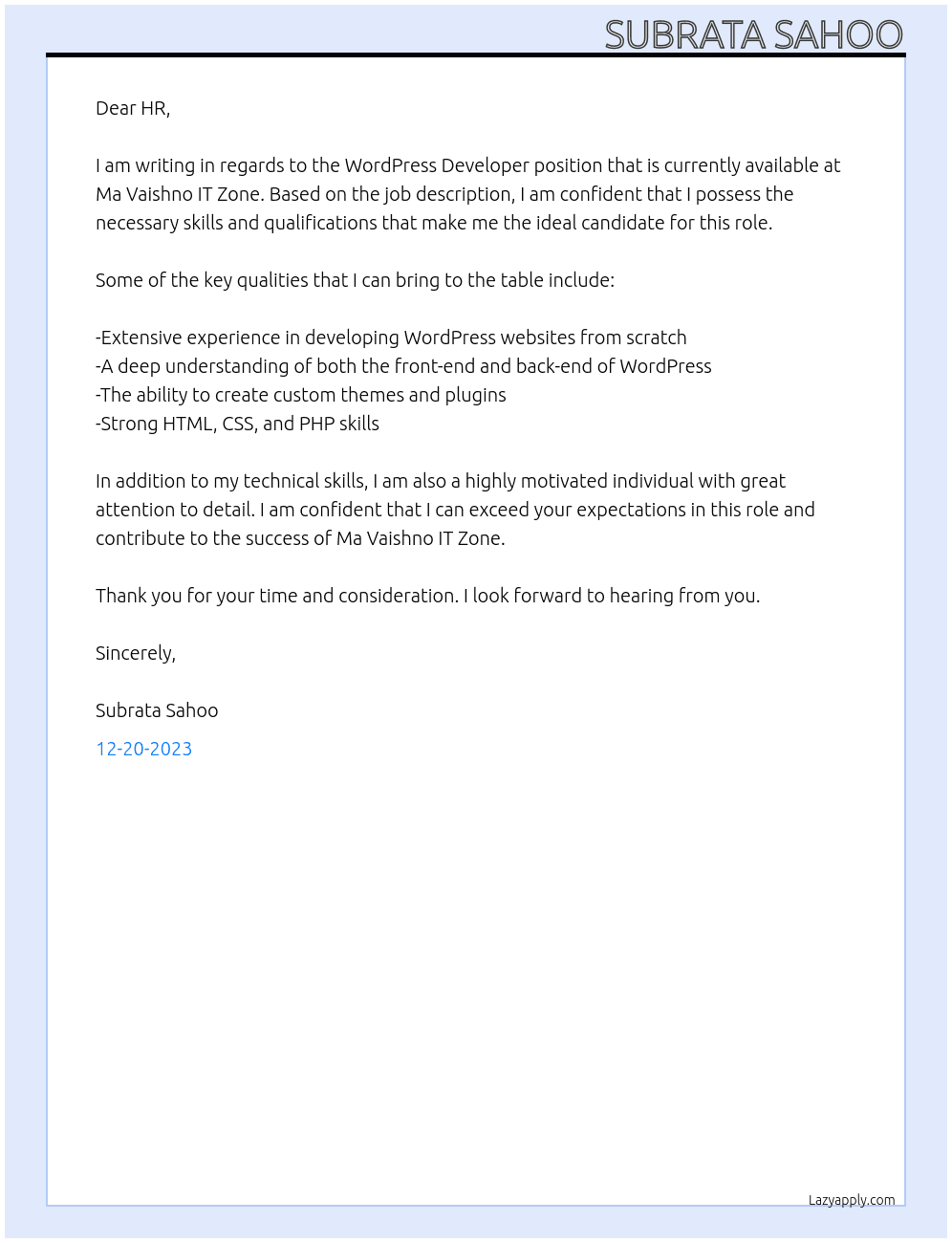 WordPress Devloper At Ma Vaishno IT Zone Cover Letter