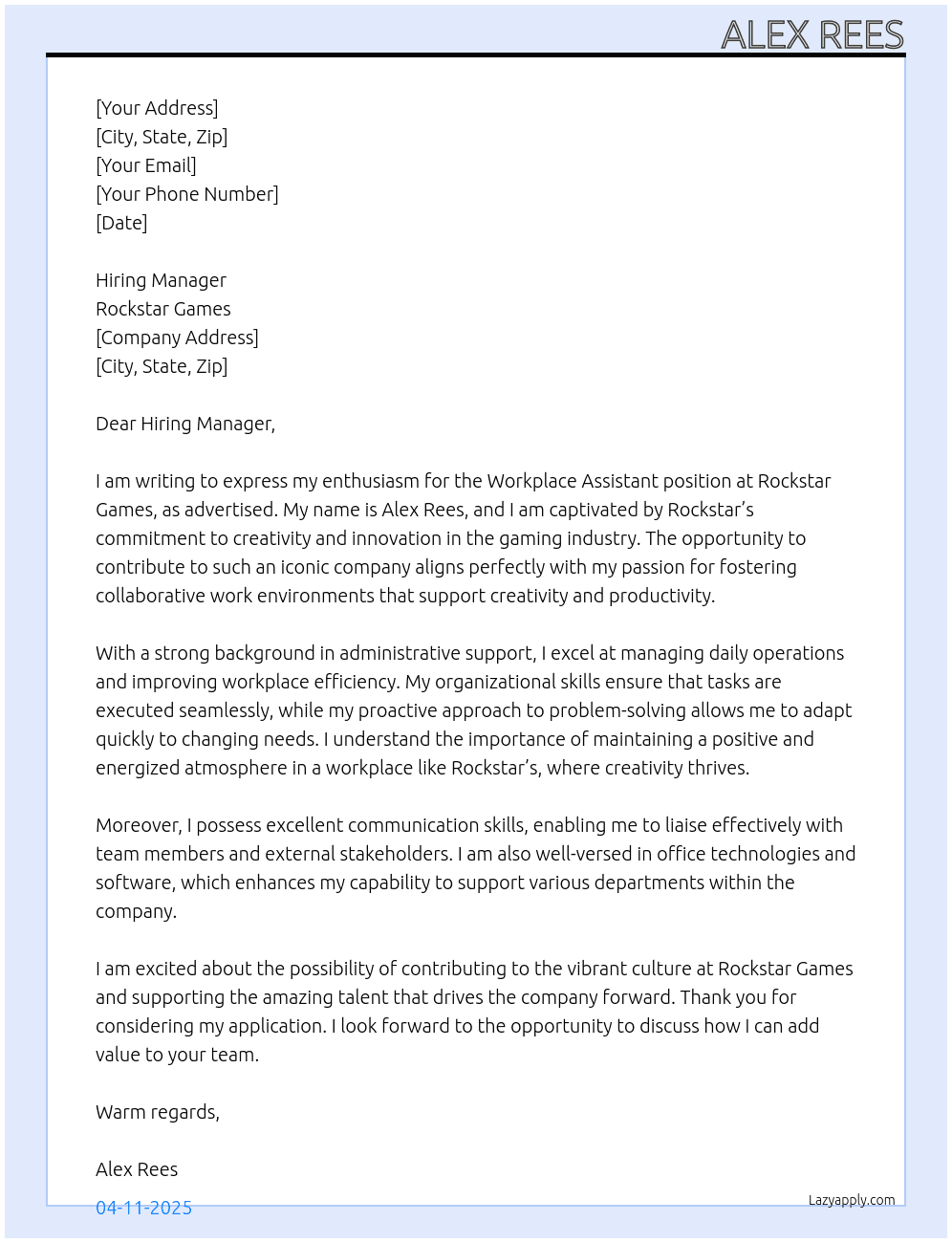Cover letter for workplace assistant - LazyApply
