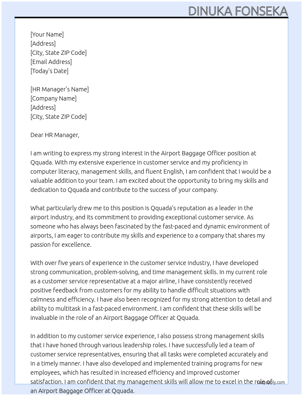 Airport Baggage Officer At Qquada Cover Letter