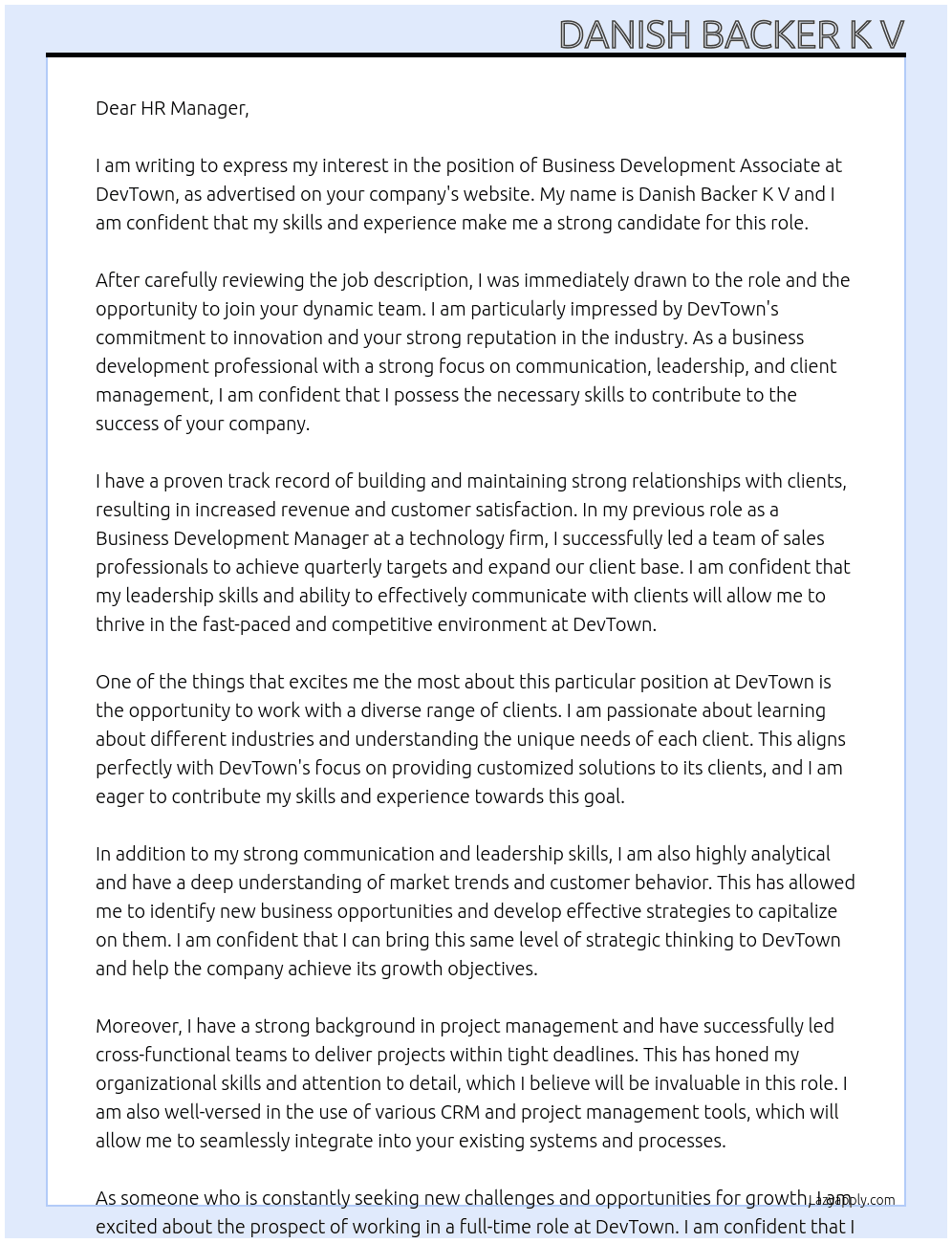 Business development associate At DevTown Cover Letter