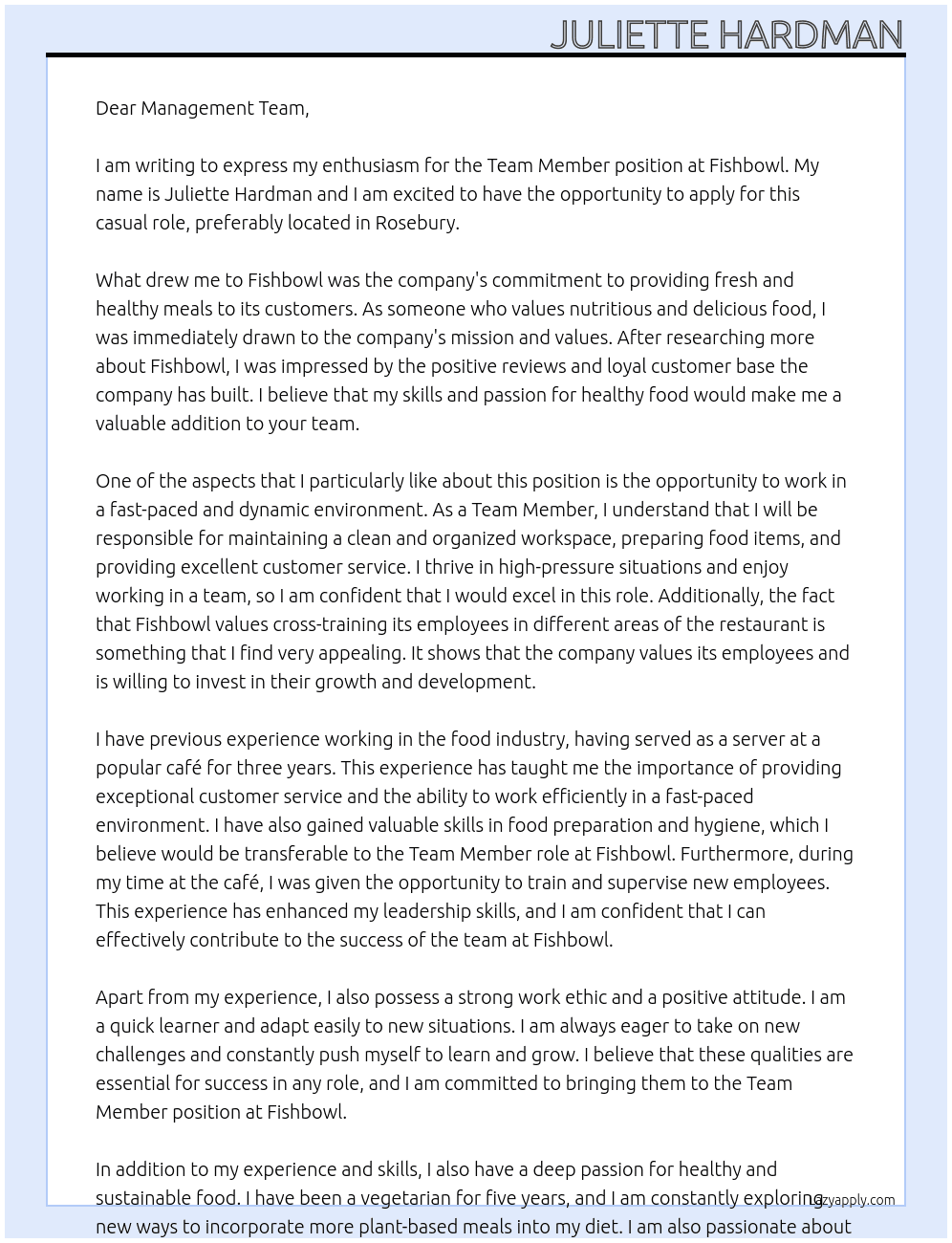 Team Member At Fishbowl Cover Letter