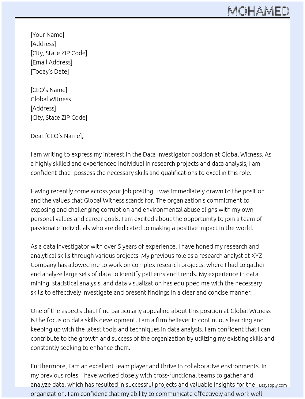 Data Investigator At global witness Cover Letter