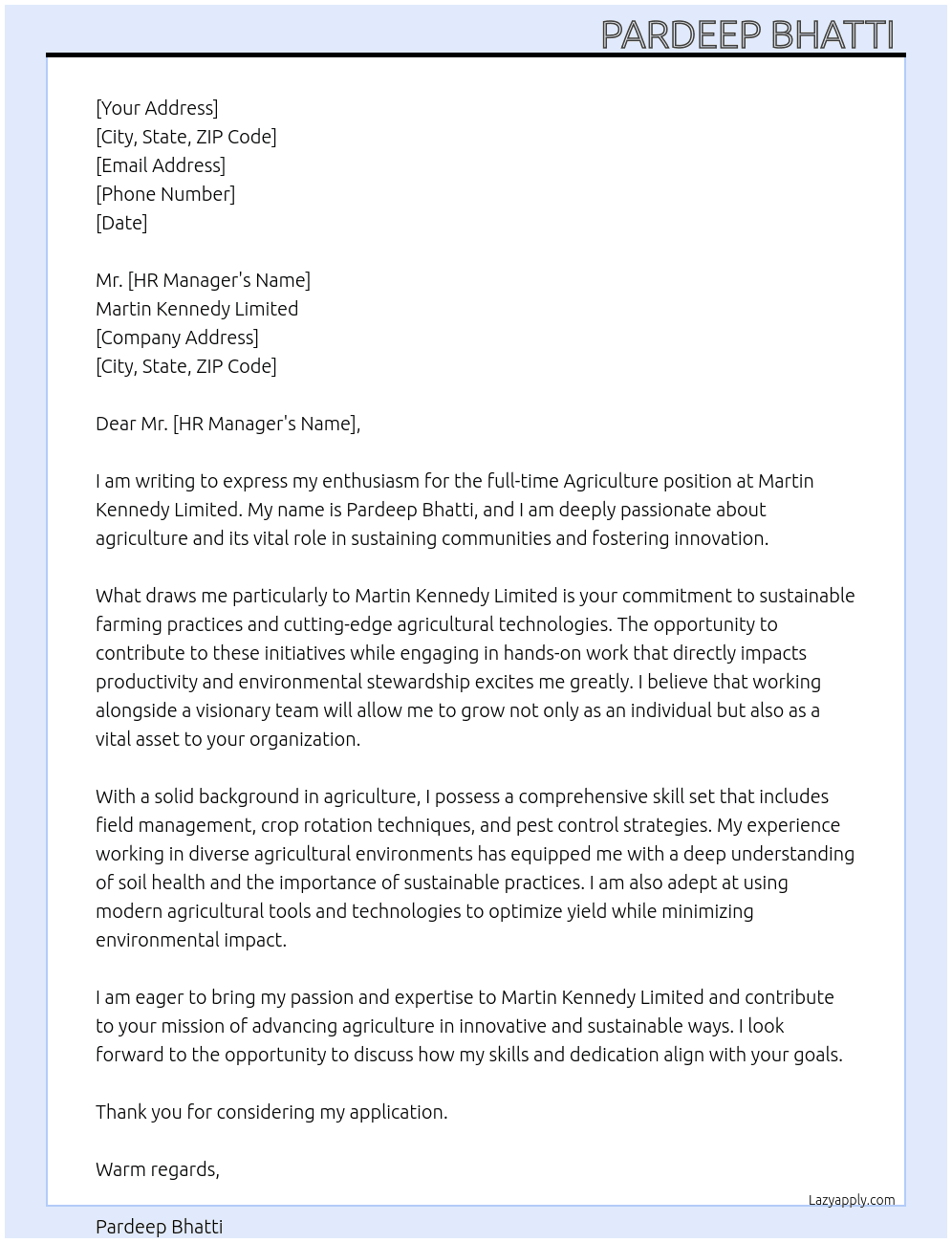 Agriculture work  At Martin Kennedy Limited Cover Letter