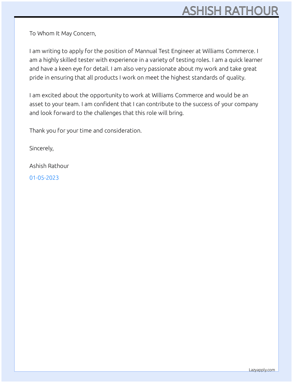 Mannual Test Enginneer At Williams Commerce Cover Letter