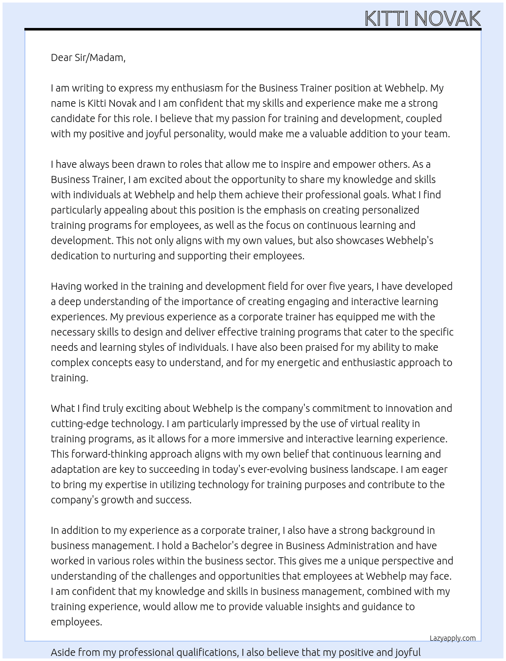 Business Trainer At Webhelp  Cover Letter
