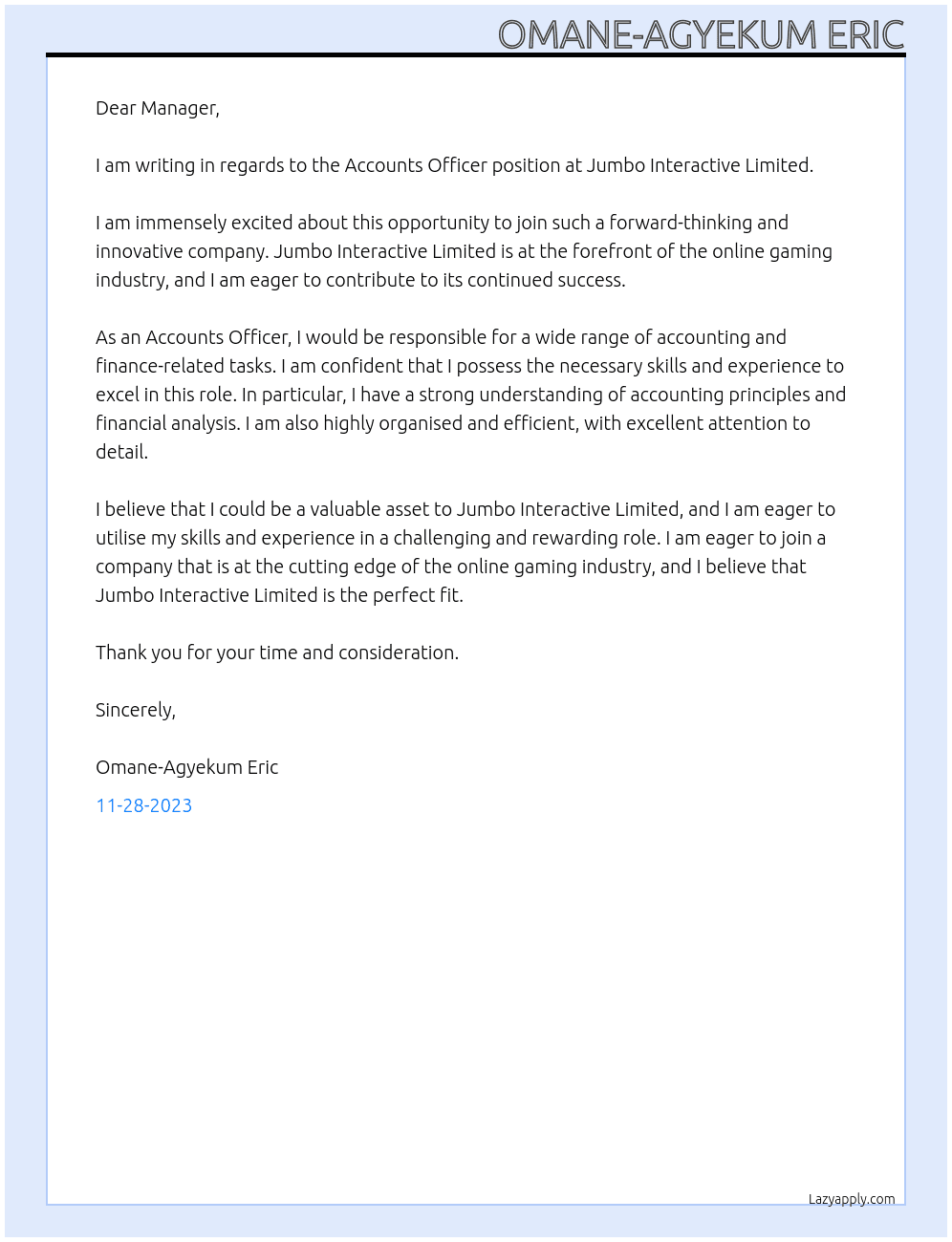 Accounts Officer At Jumbo Interactive Limited Cover Letter