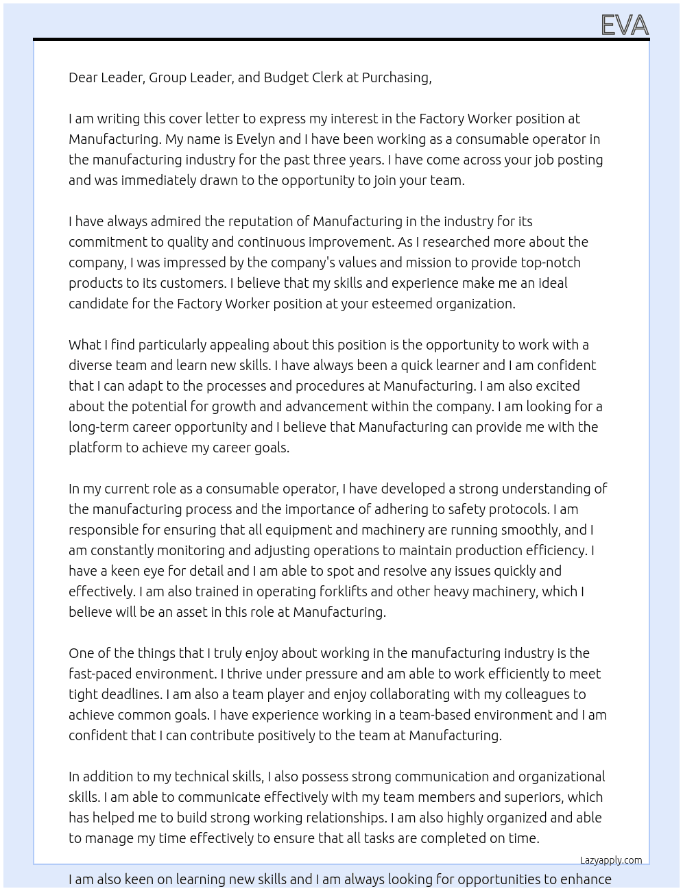 Factory worker  At Manufacturing  Cover Letter