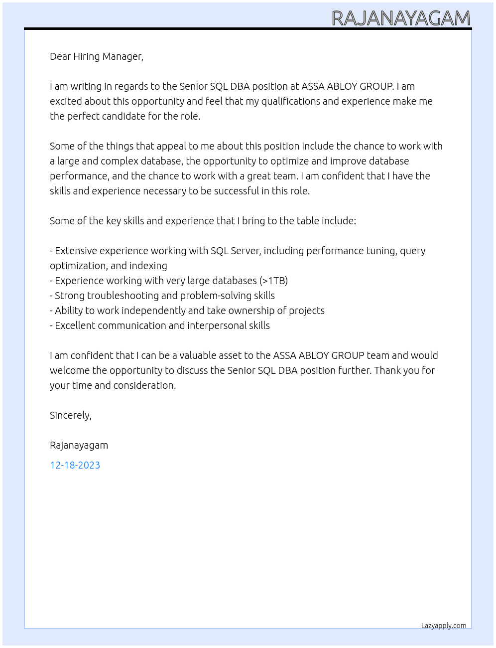 Senior SQL DBA  At ASSA ABLOY GROUP  Cover Letter