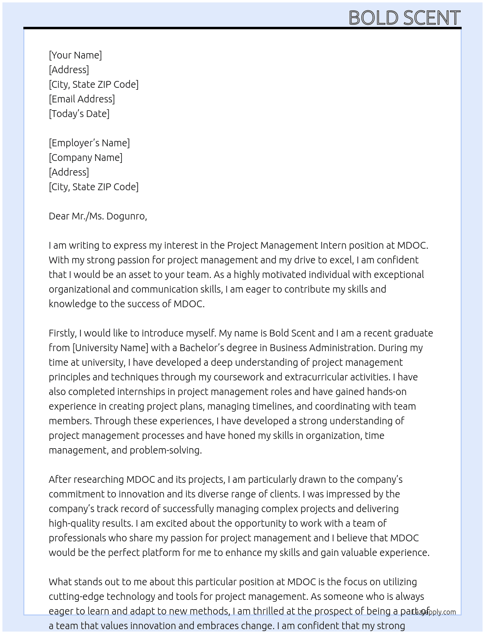 project management intern  At mdoc Cover Letter