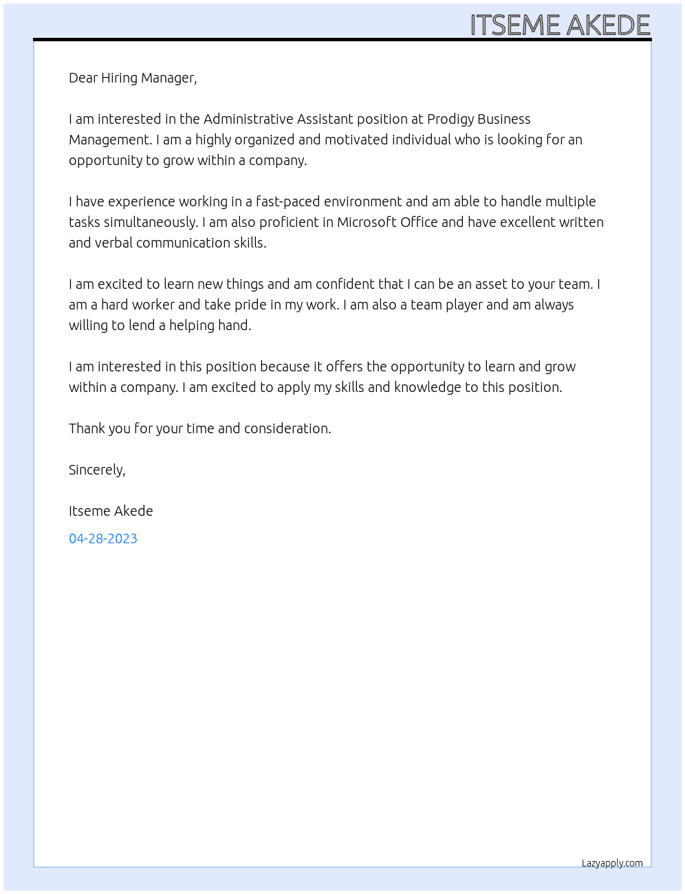 Administrative Assistant  At Prodigy Business Management Cover Letter