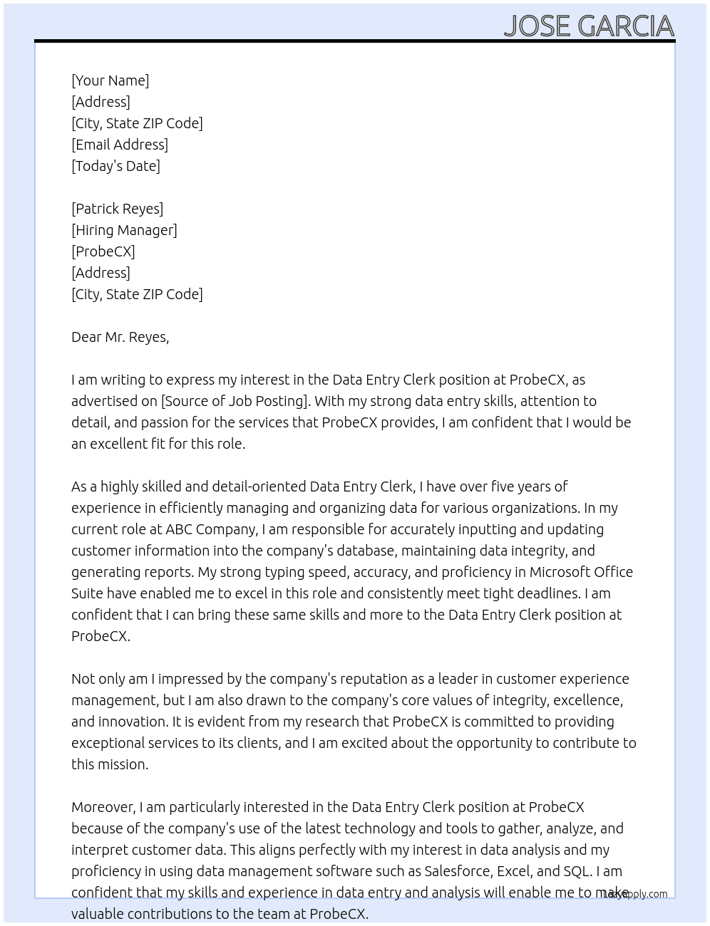 Data Entry Clerk At ProbeCX Cover Letter