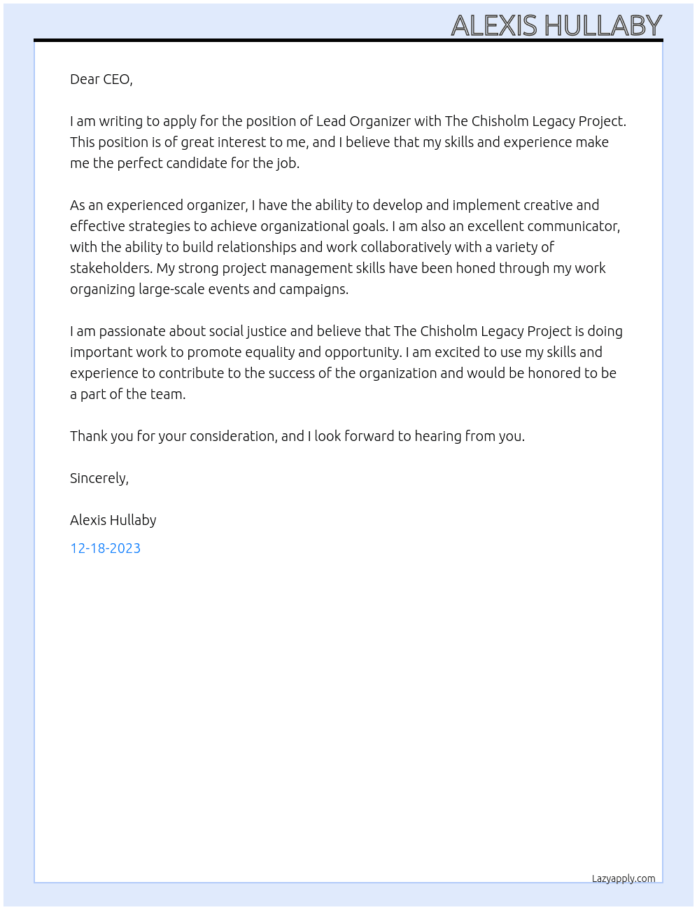 Lead Organizer At The Chisholm Legacy Project Cover Letter