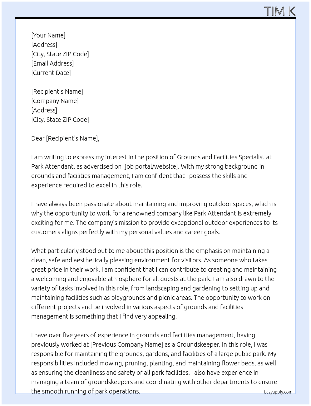 grounds and facilities specialist At Park Attendant Cover Letter