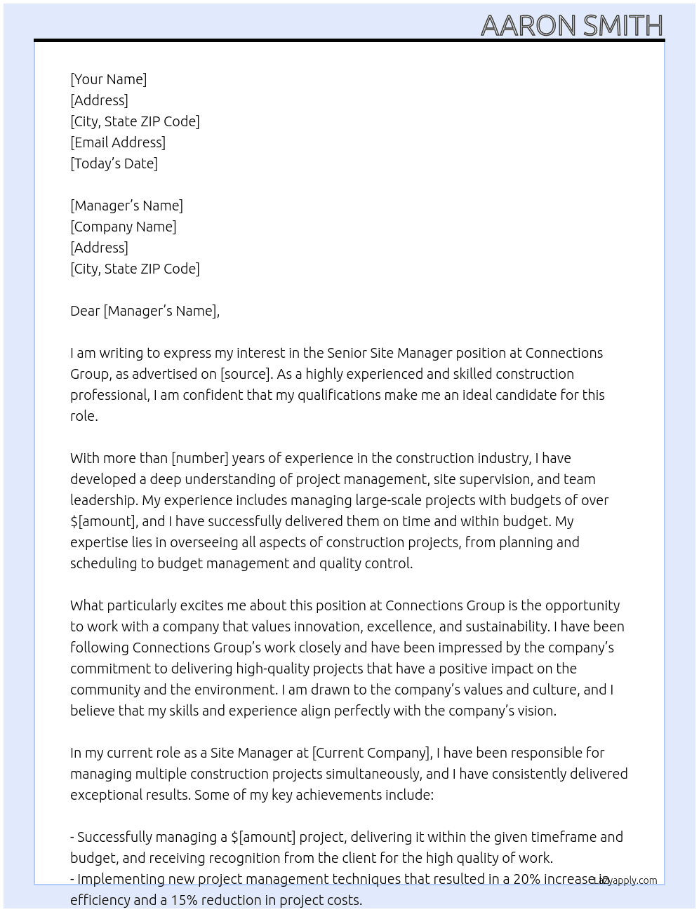 Senior site manager At Connections group Cover Letter