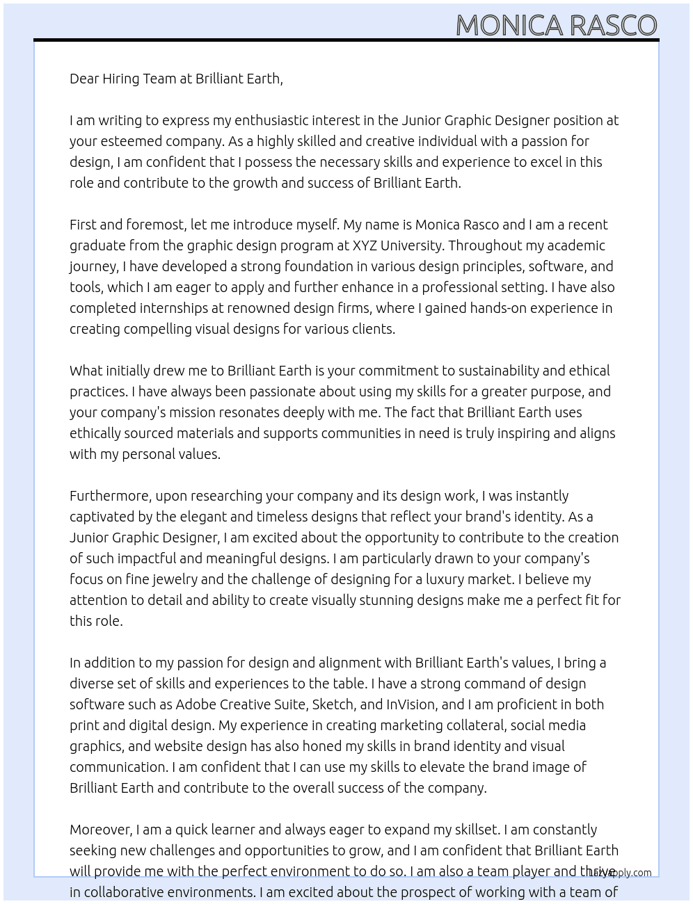 Junior Graphic Designer At Brilliant Earth Cover Letter