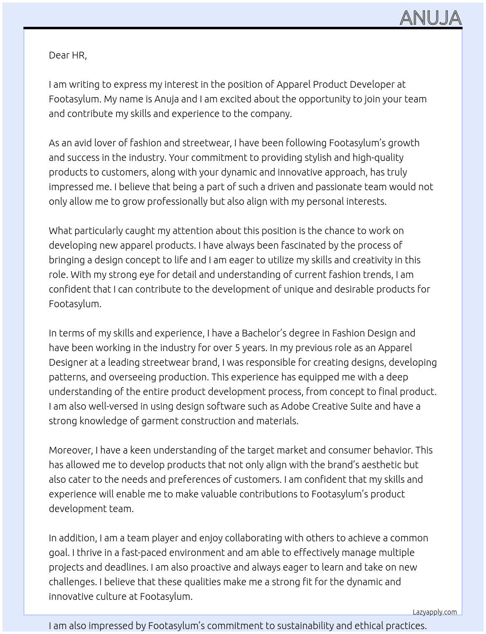 Apparel Product Developer At Footasylum Cover Letter