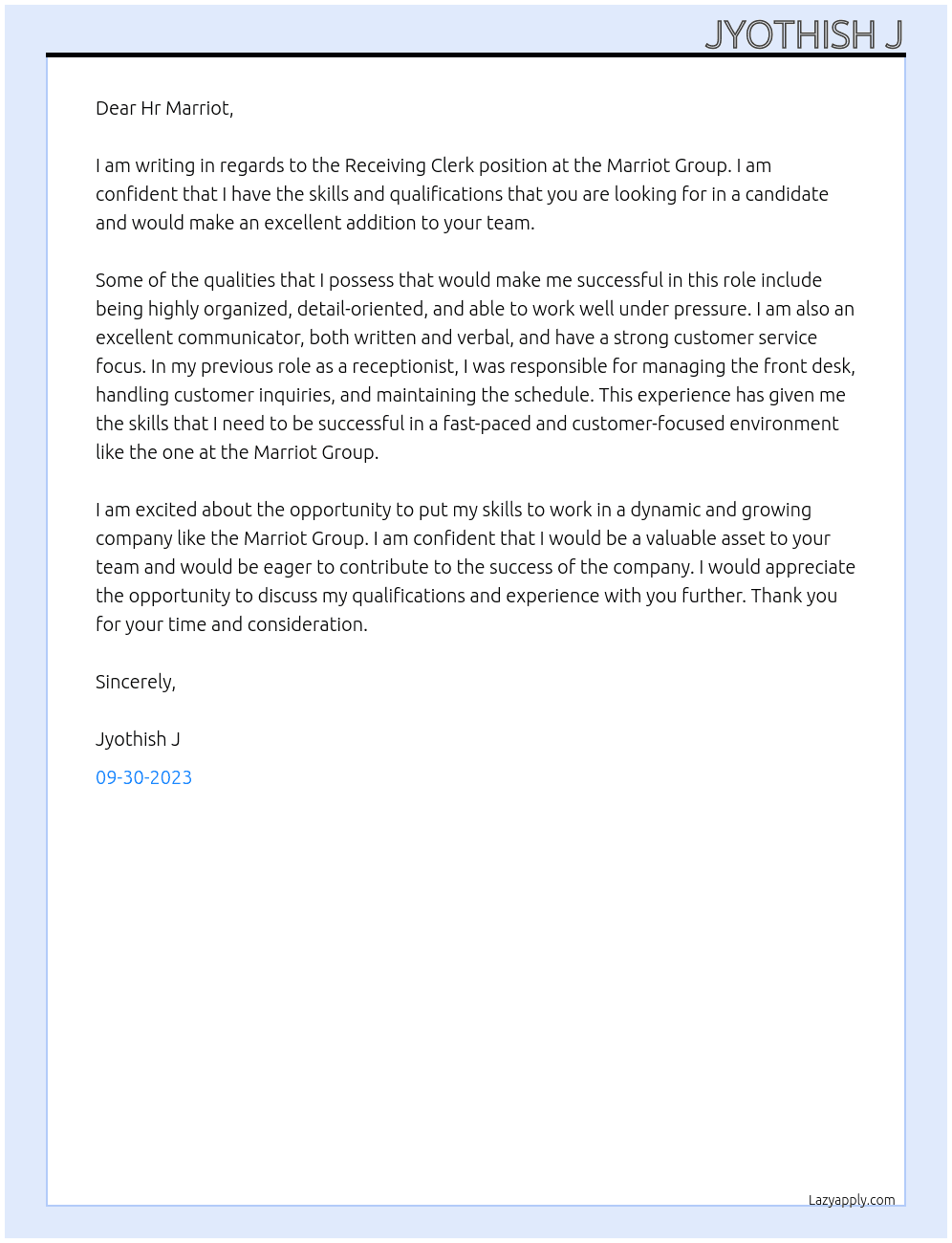 Receiving Clerk At Marriot Group Cover Letter