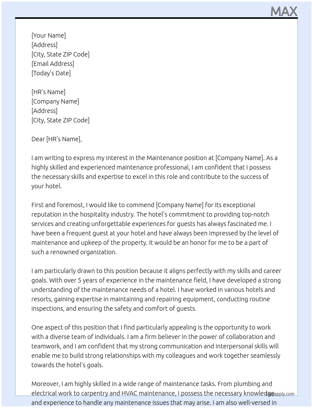 maintenance At hotel Cover Letter