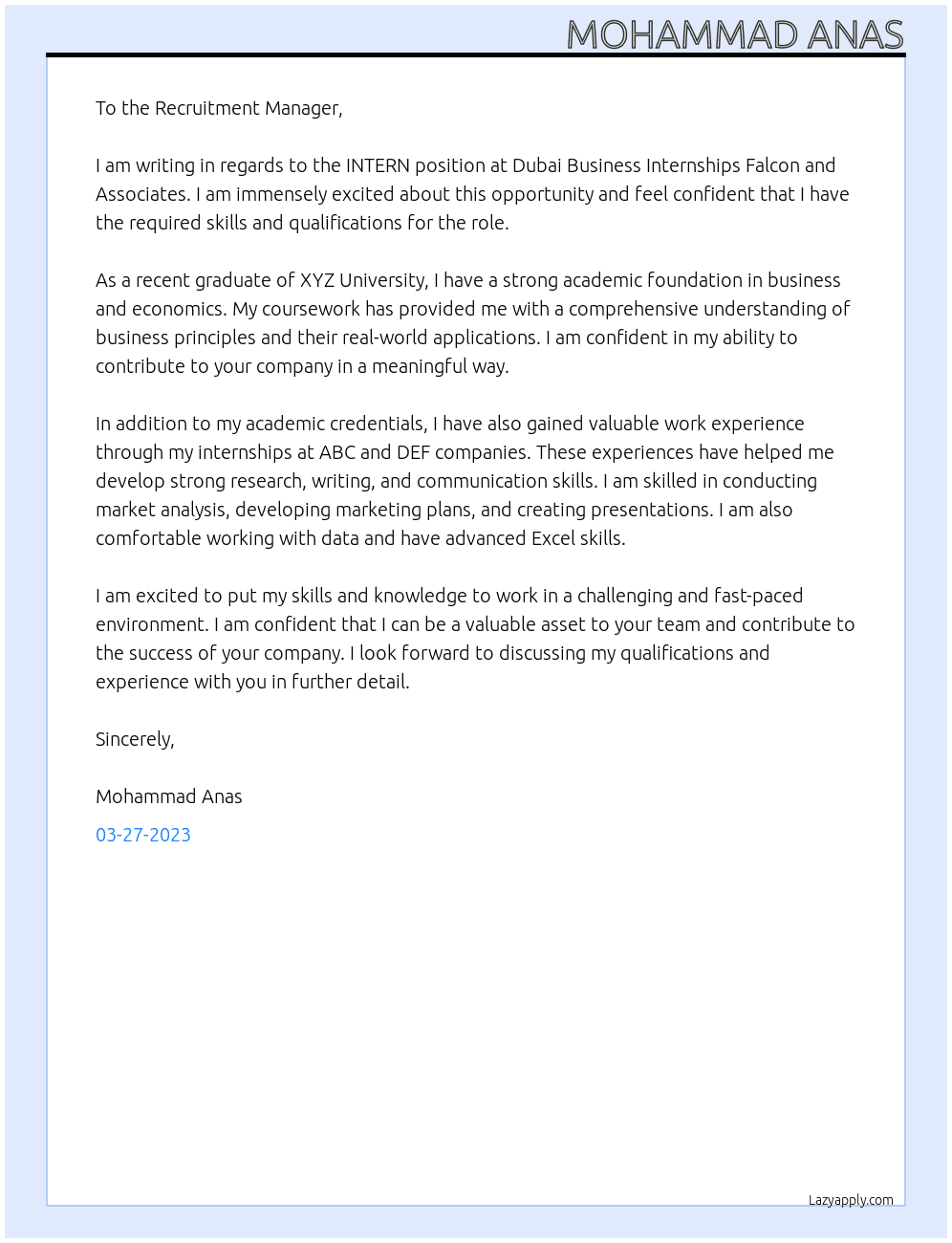 INTERN At Dubai Business Internships Falcon and Associates Cover Letter