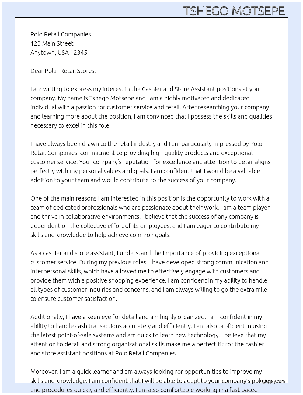 Cashier and store assistant  At Polo retail companies Cover Letter