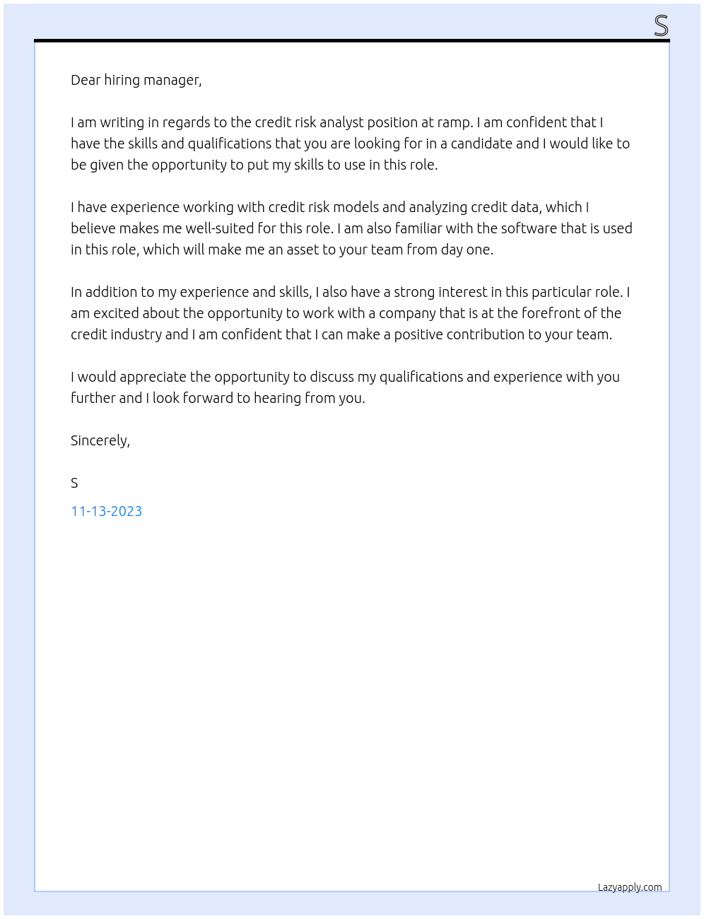Credit risk analyst At ramp Cover Letter