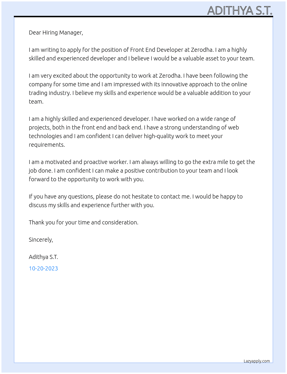 Front end developer At Zerodha Cover Letter