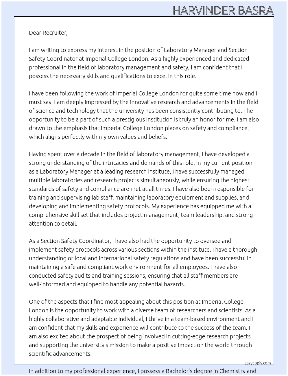 Laboratory Manager and Section Safety Coordinator At Imperial College London Cover Letter