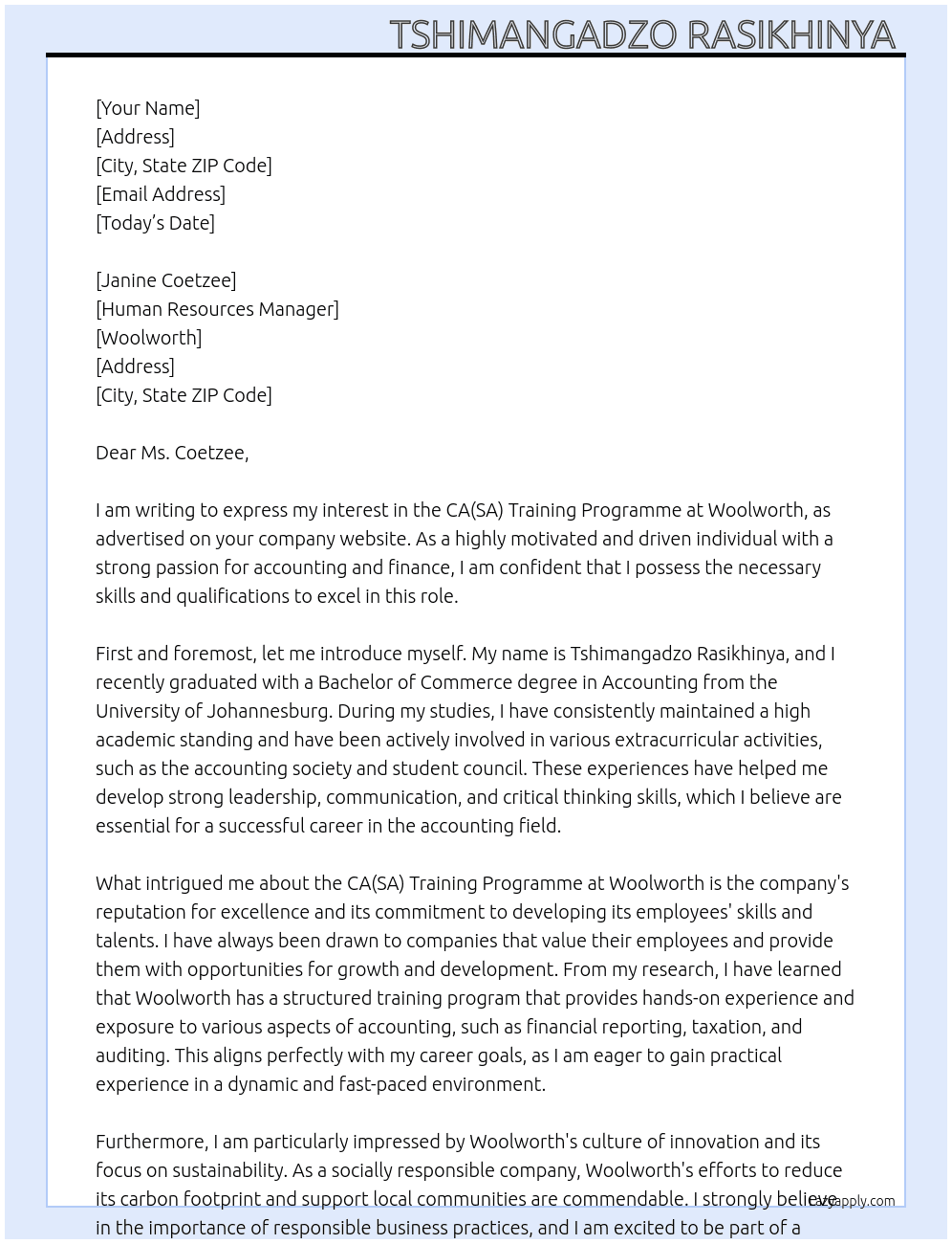 CA(SA) TRAINING PROGRAMME  At WOOLWORTH  Cover Letter