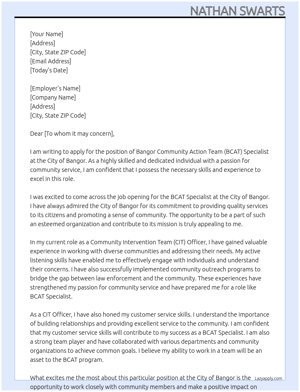 Bangor Community Action Team (BCAT) Specialist At City of Bangor Cover Letter