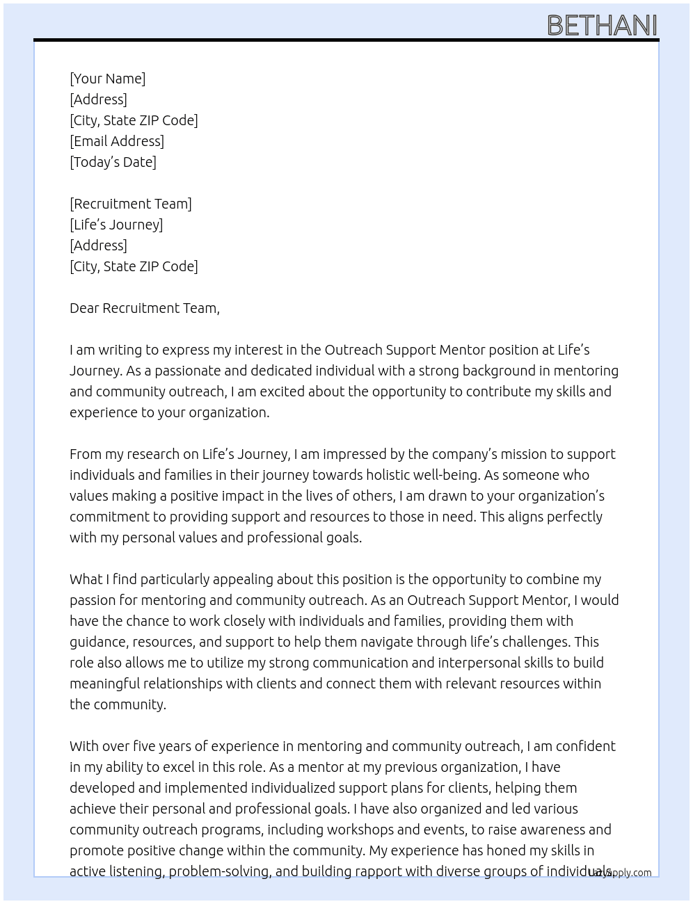 Outreach support mentor At Life's Journey Cover Letter