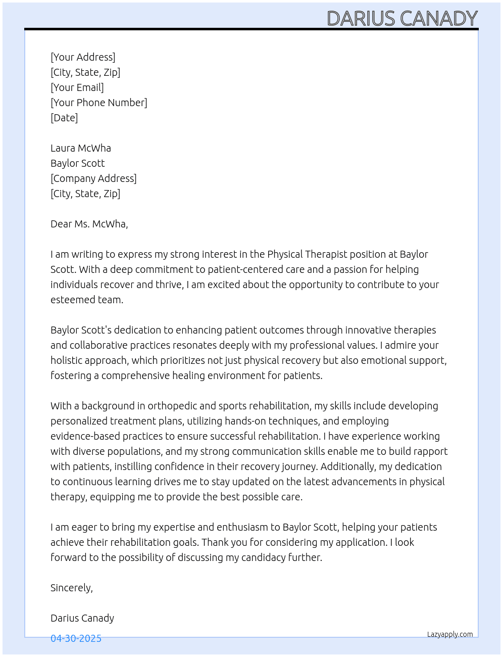 physical therapist  At baylor scott Cover Letter