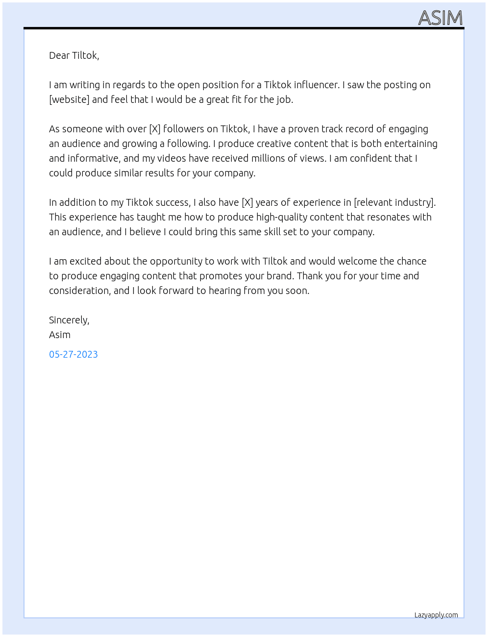Tiktok influencer  At Tiltok Cover Letter