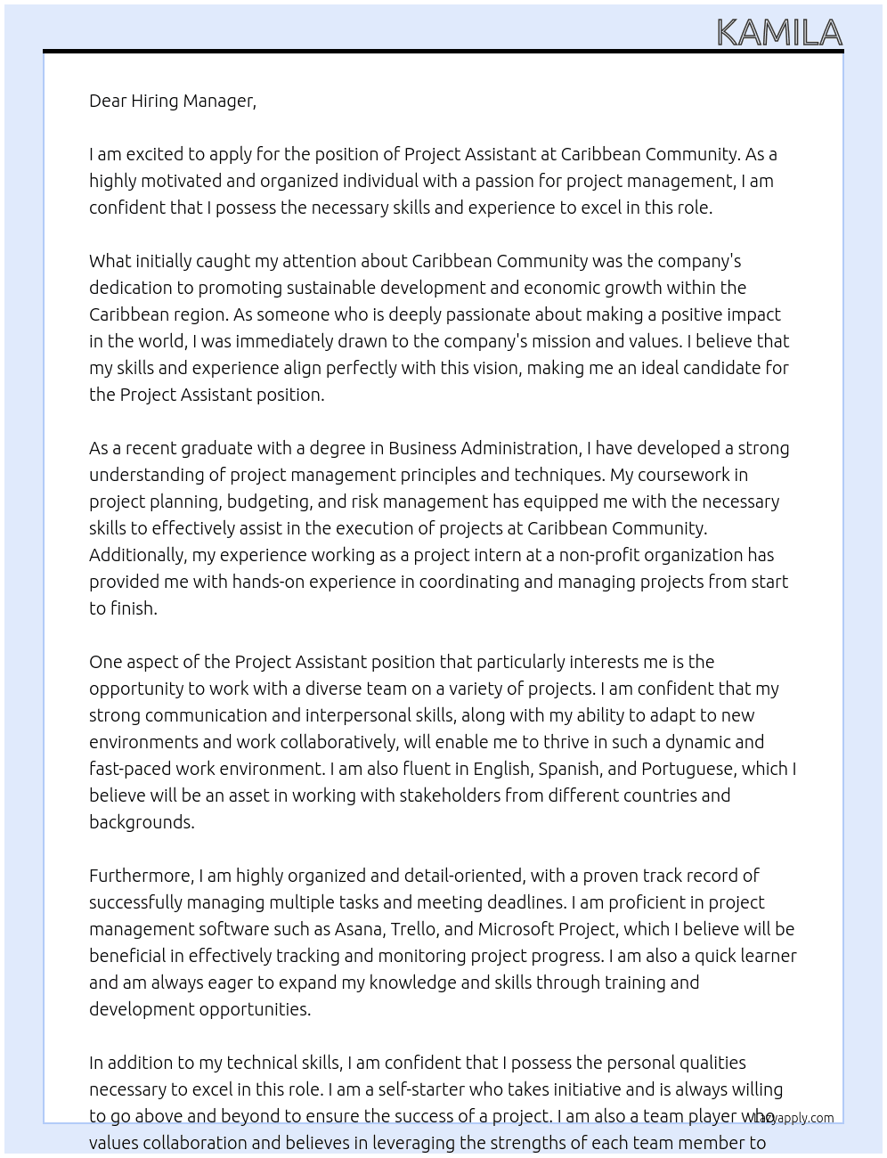 project assistant At Caribbean Community Cover Letter